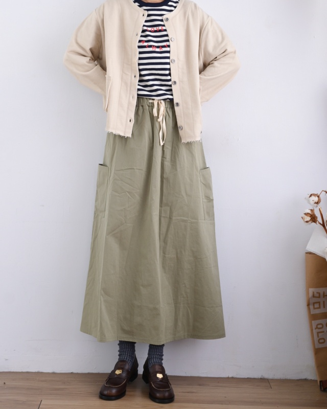 韓 側大口袋棉質綁帶長裙 2色 size