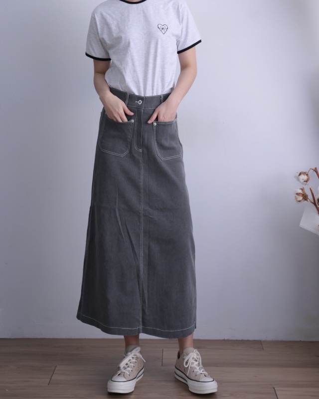 韓 方口袋素色長裙 3色 size