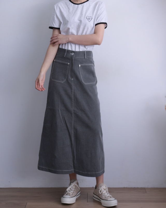 韓 方口袋素色長裙 3色 size