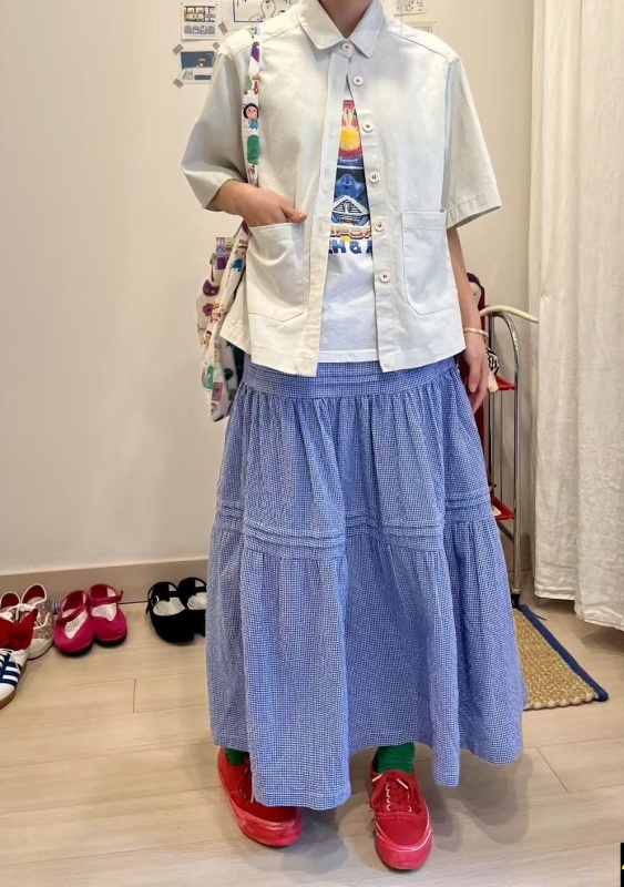 韓 細格紋長裙 size