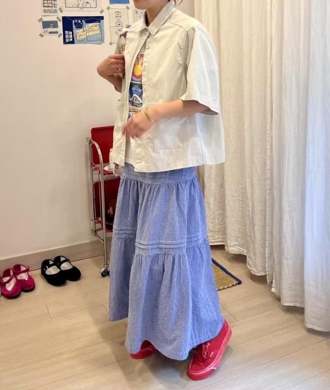 韓 細格紋長裙 size