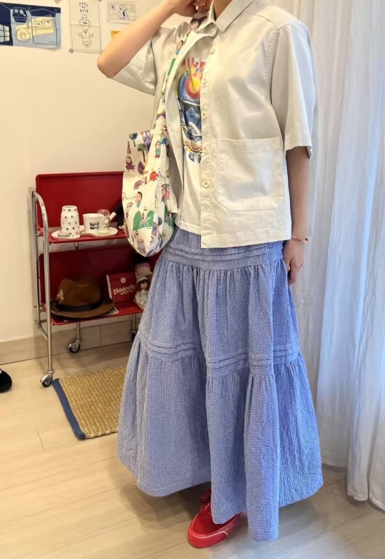 韓 細格紋長裙 size