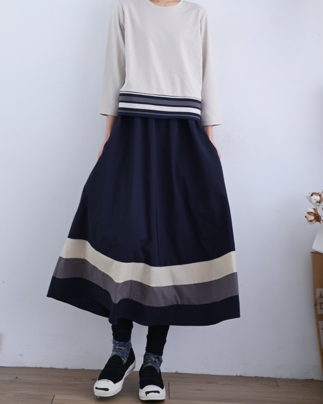 韓 粗條假兩件式長洋 2色 size