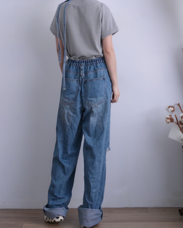 韓 破損風牛仔吊帶褲 size