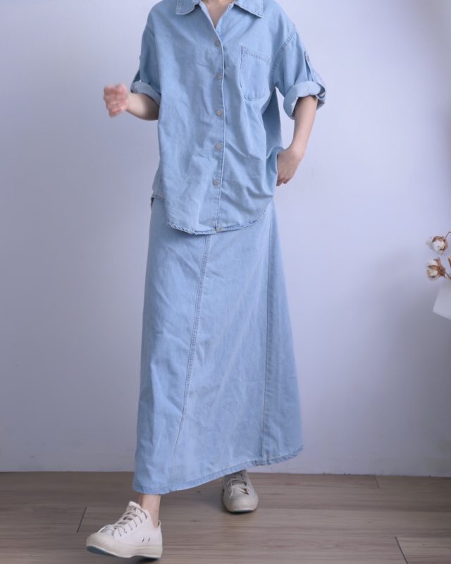 韓 牛仔襯衫+長裙套裝 2色 size