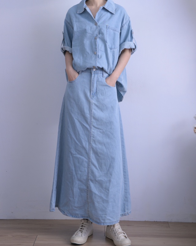 韓 牛仔襯衫+長裙套裝 2色 size