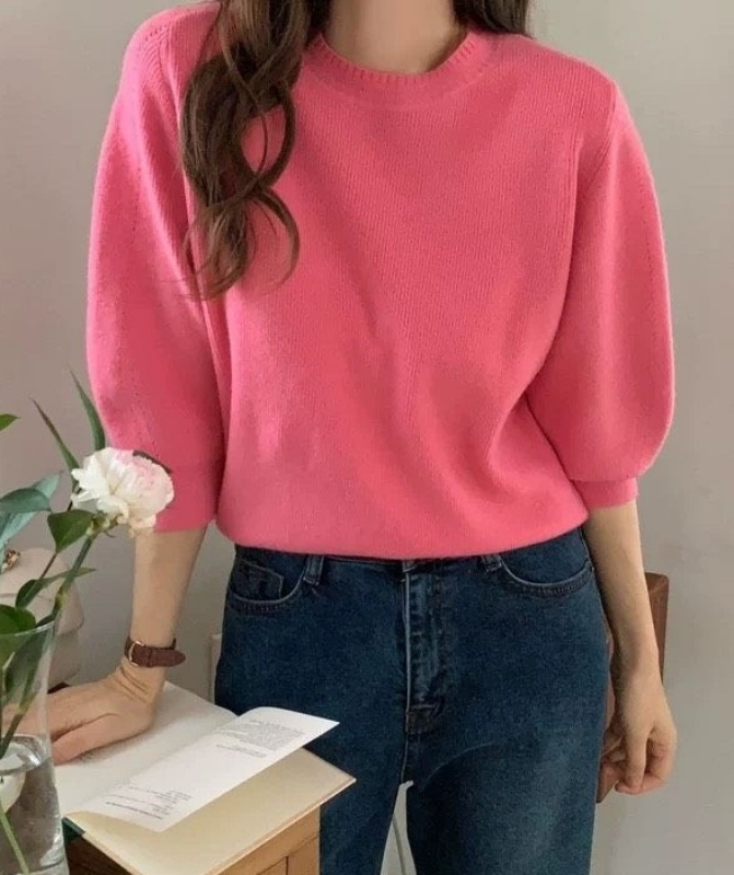 韓 圓領弧形針織上衣 4色 size