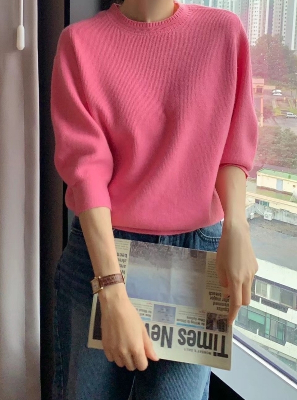 韓 圓領弧形針織上衣 4色 size