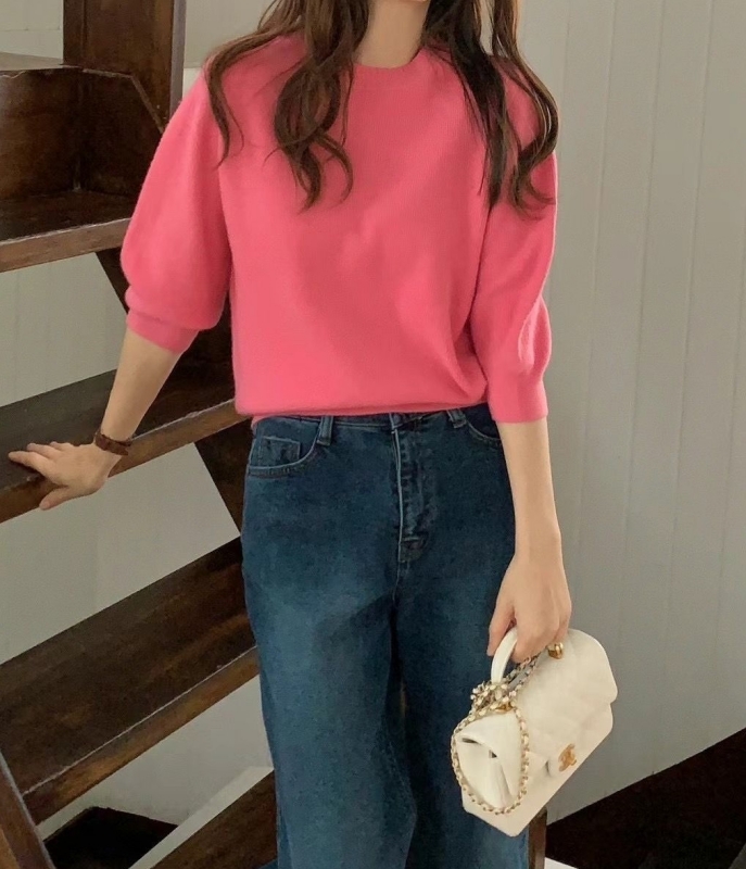 韓 圓領弧形針織上衣 4色 size