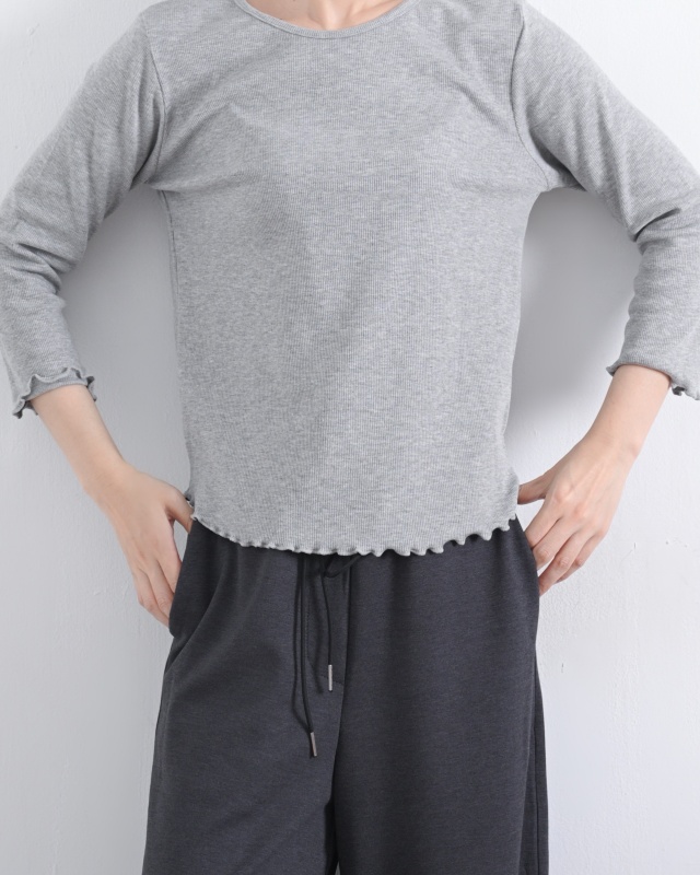 韓 細坑條捲捲邊八分袖上衣 8色 size