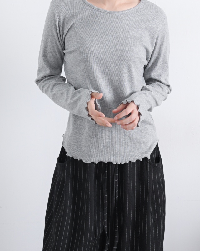 韓 細坑條捲捲邊長袖上衣 8色 size