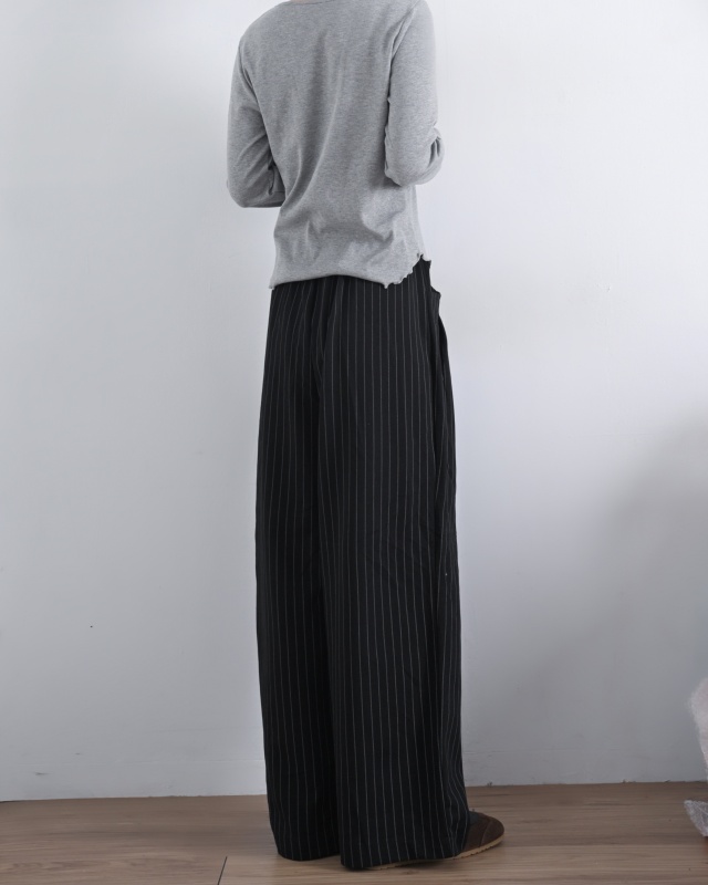 韓 細坑條捲捲邊長袖上衣 8色 size