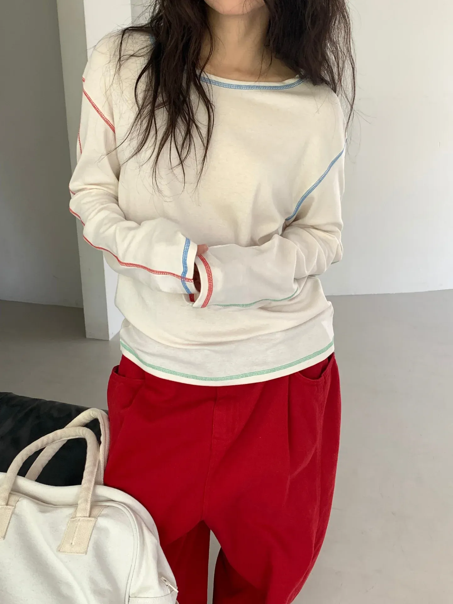 韓 配色縫線上衣 4色 size