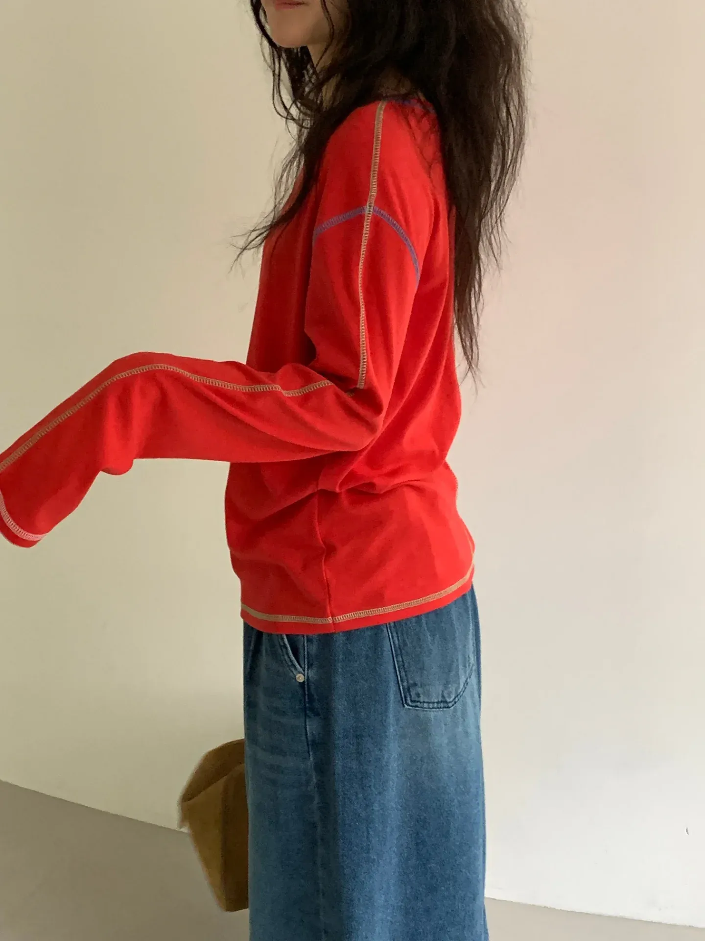 韓 配色縫線上衣 4色 size