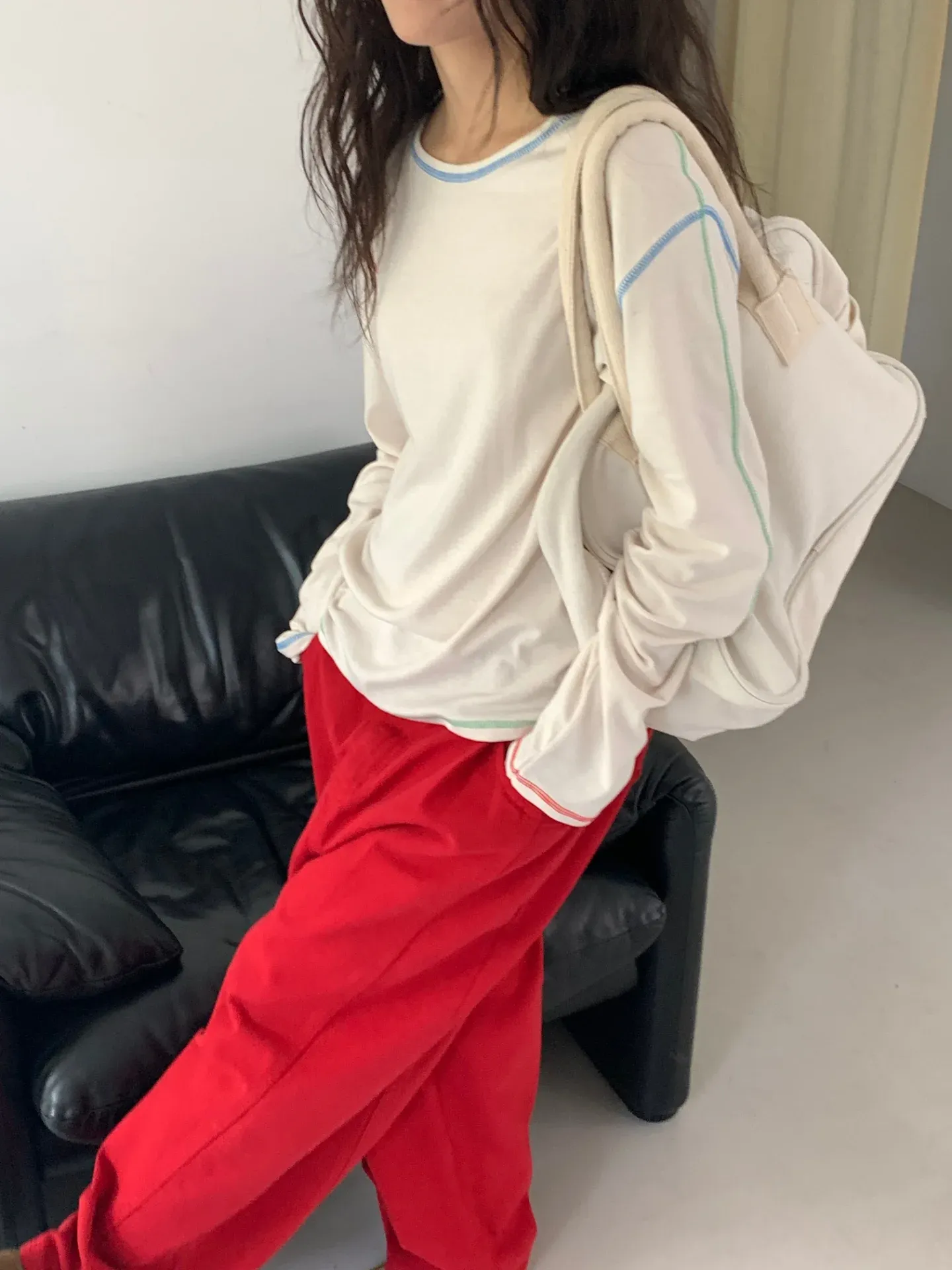 韓 配色縫線上衣 4色 size