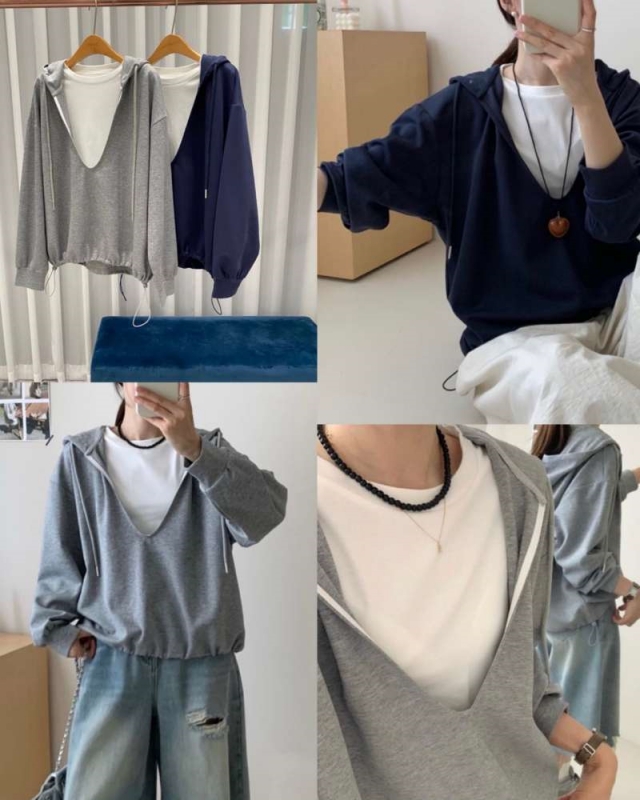 韓 假兩件式連帽上衣 2色