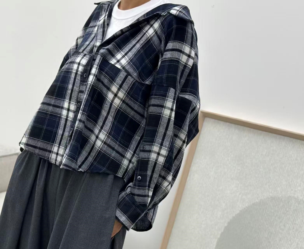 韓 不對襯拚格文襯衫 2色