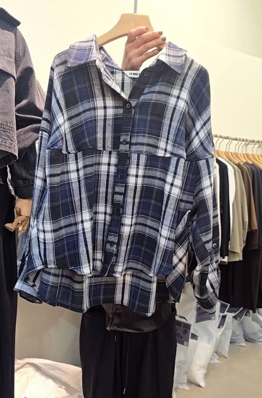 韓 不對襯拚格文襯衫 2色