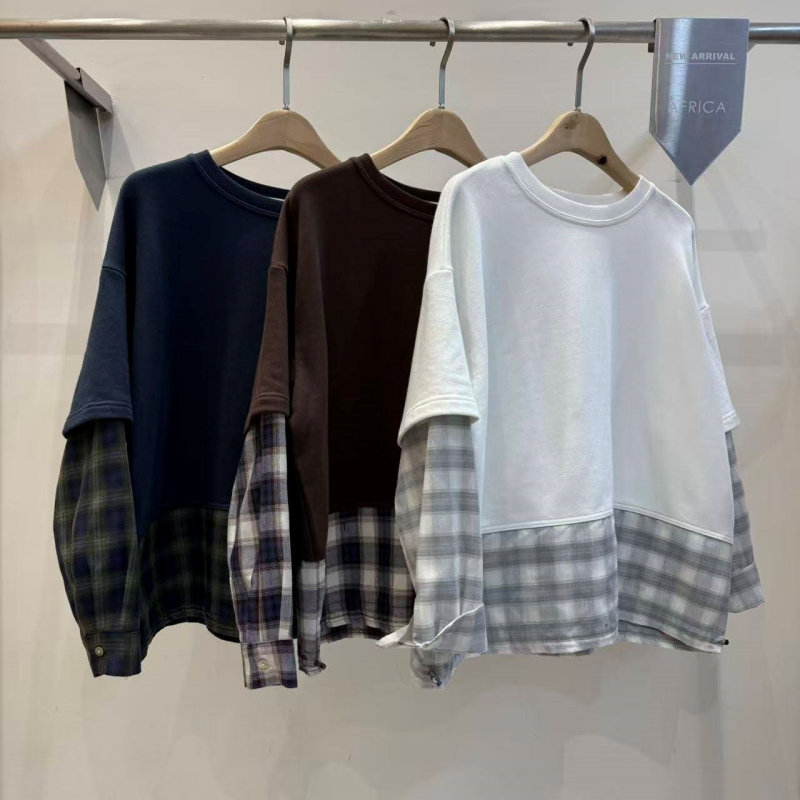 韓 接格紋假兩件式上衣 3色 size