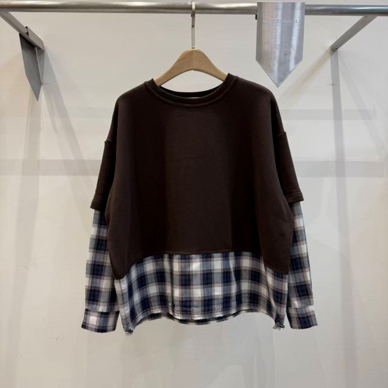 韓 接格紋假兩件式上衣 3色 size