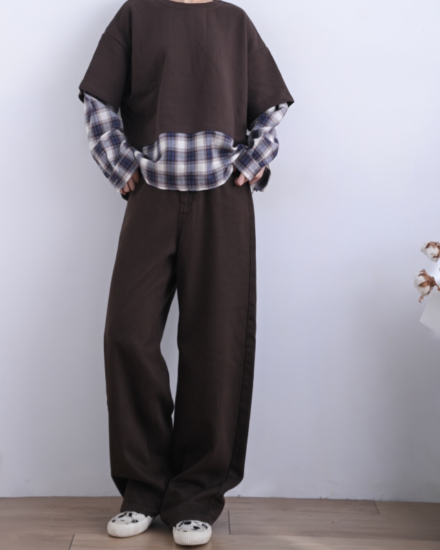 韓 接格紋假兩件式上衣 3色 size