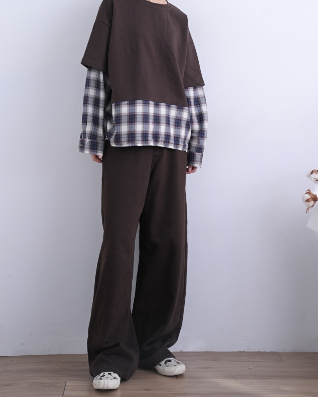 韓 接格紋假兩件式上衣 3色 size