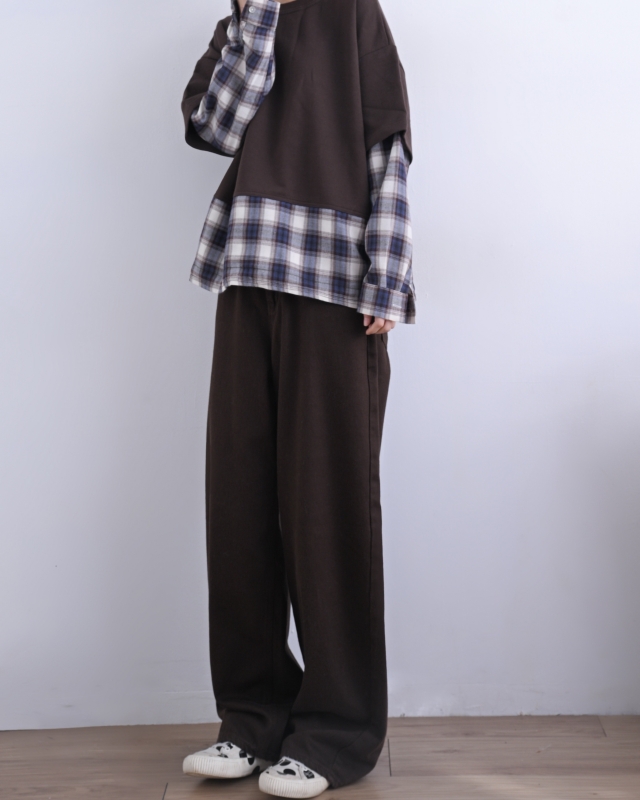 韓 接格紋假兩件式上衣 3色 size