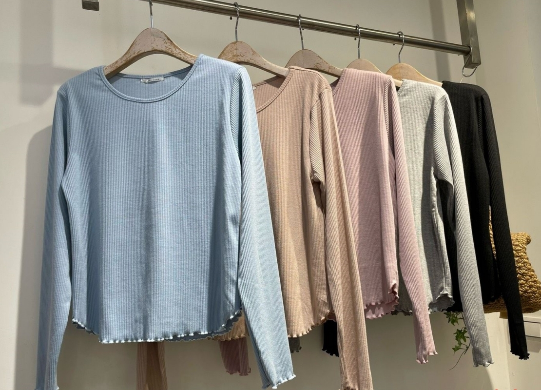 韓 粗坑條捲捲邊長袖上衣 7色 size