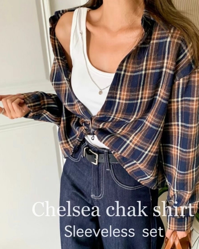 韓 兩件式格文襯衫 2色 size