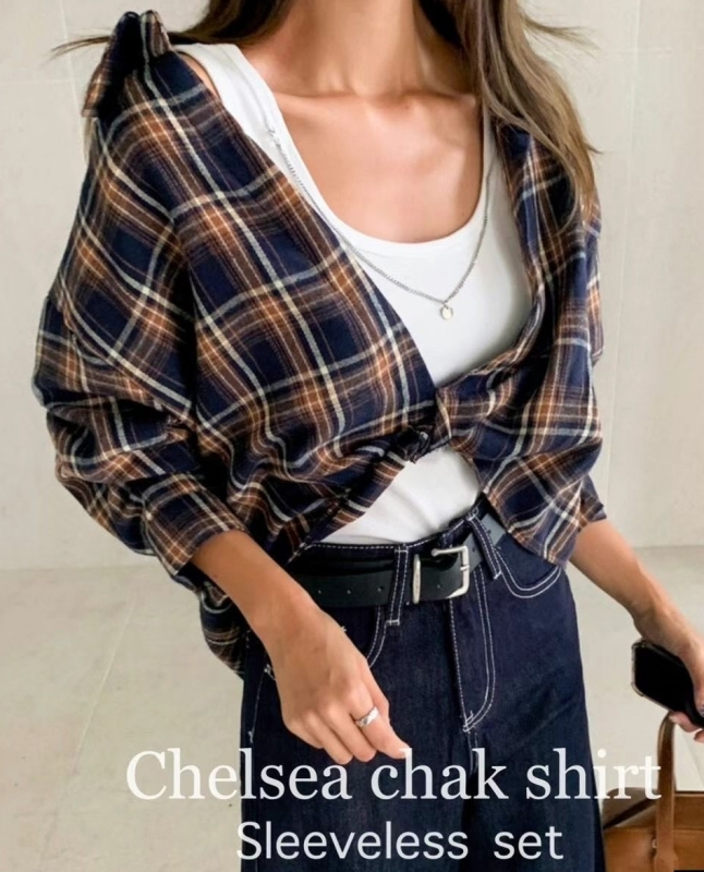 韓 兩件式格文襯衫 2色 size