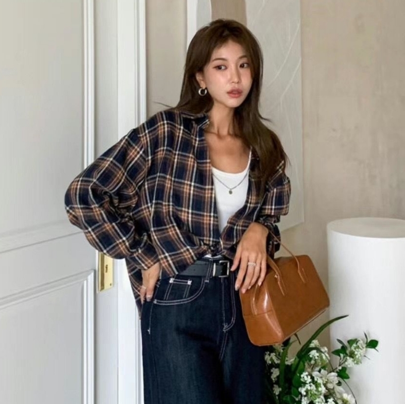 韓 兩件式格文襯衫 2色 size