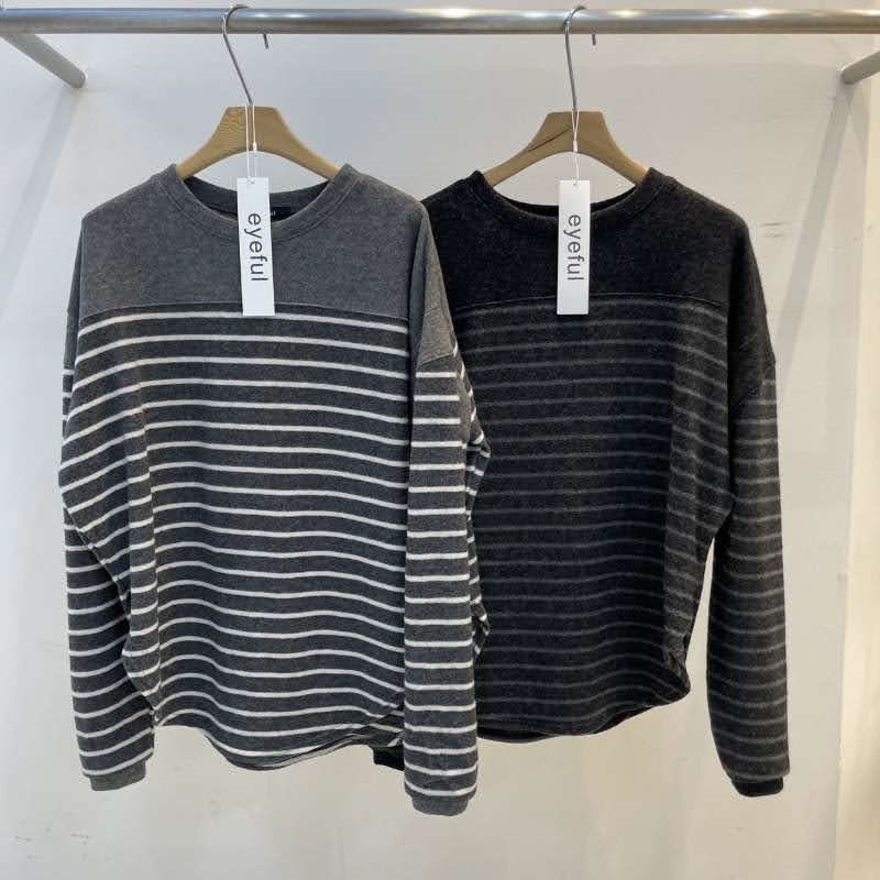 韓 微起毛條文上衣 2色 size