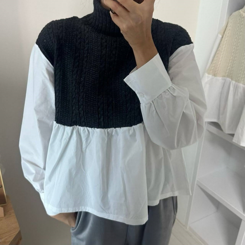 韓 假兩件式小高領上衣 色