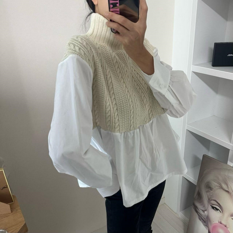 韓 假兩件式小高領上衣 色