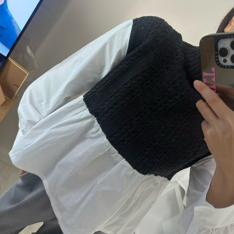 韓 假兩件式小高領上衣 色