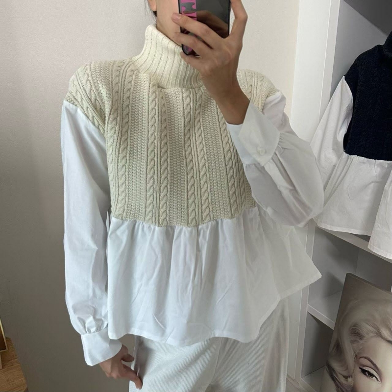 韓 假兩件式小高領上衣 色