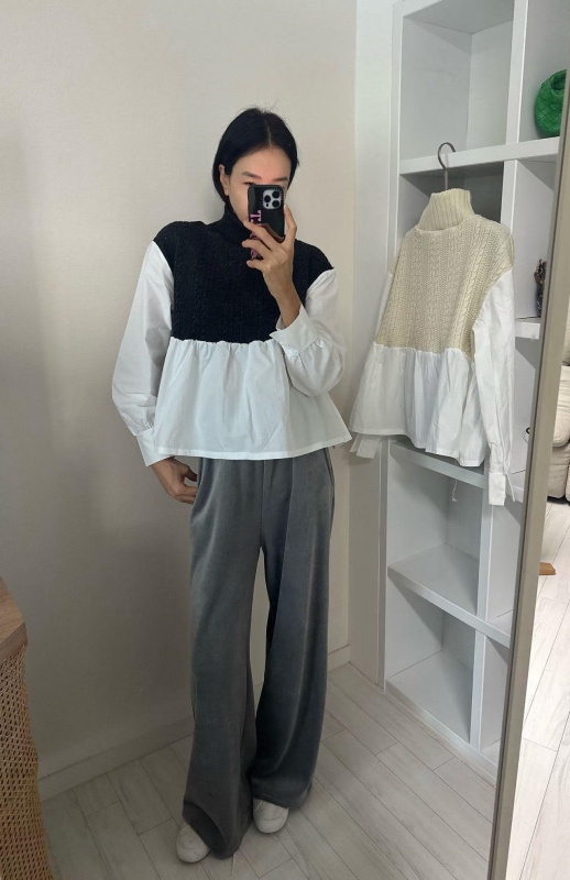 韓 假兩件式小高領上衣 色