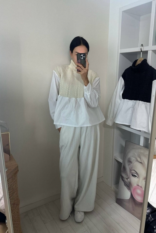 韓 假兩件式小高領上衣 色