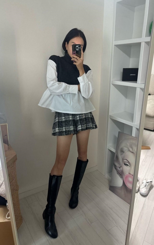 韓 假兩件式小高領上衣 色