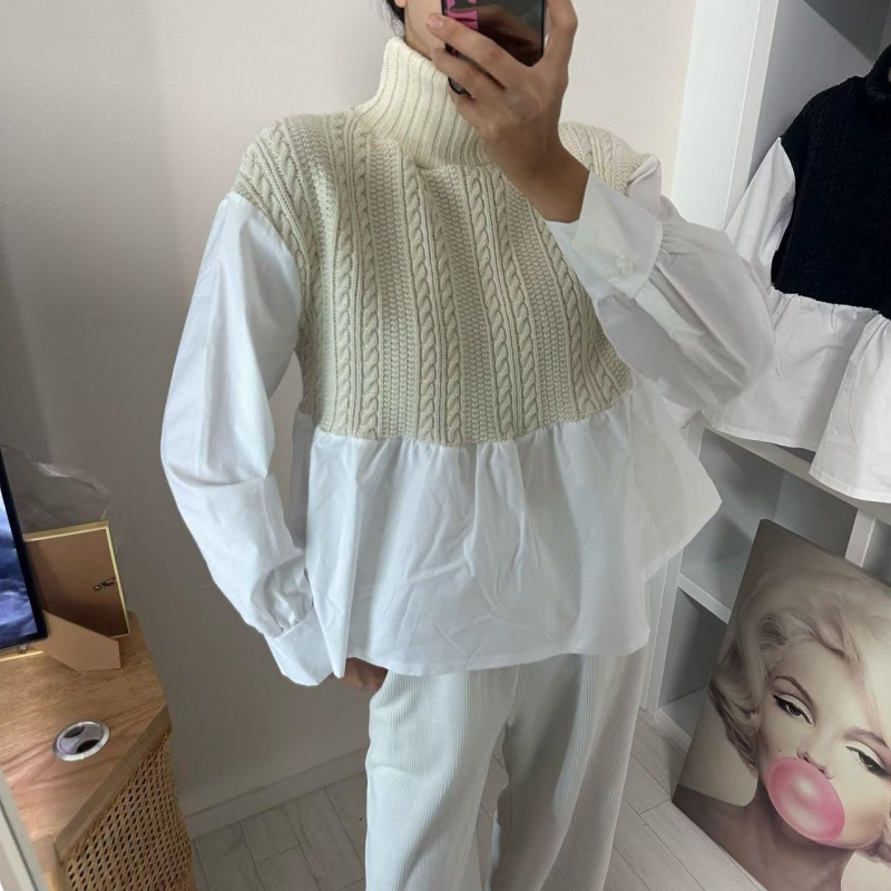 韓 假兩件式小高領上衣 色