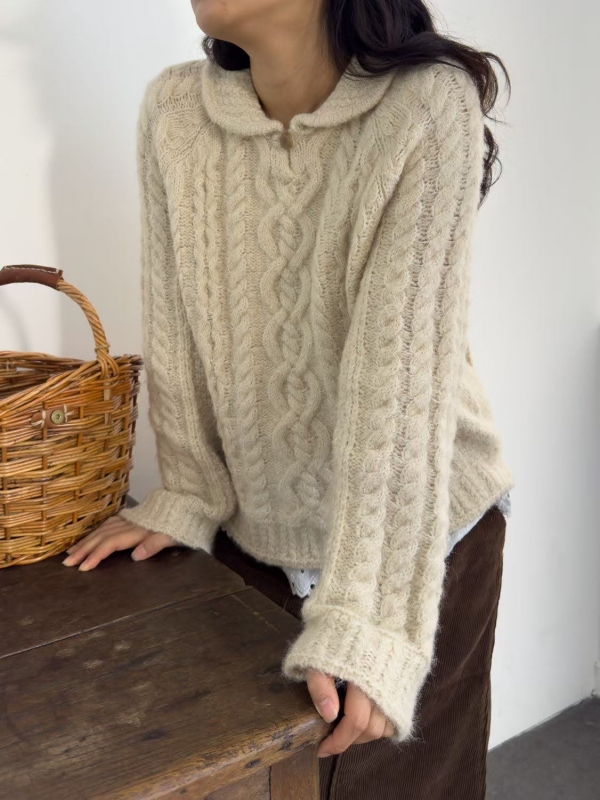 韓 有領捲捲麻花上衣 2色