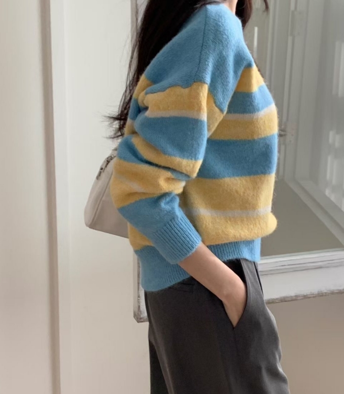 韓 拚色粗條文上衣 2色 size