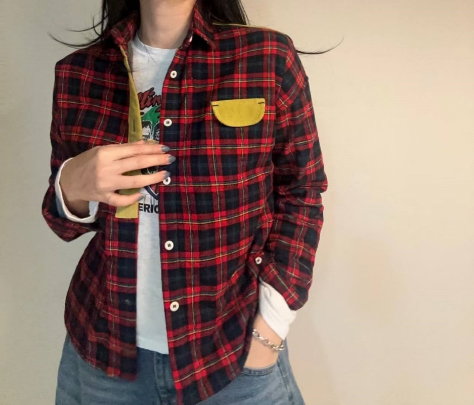 韓 配色口袋格文襯衫 2色