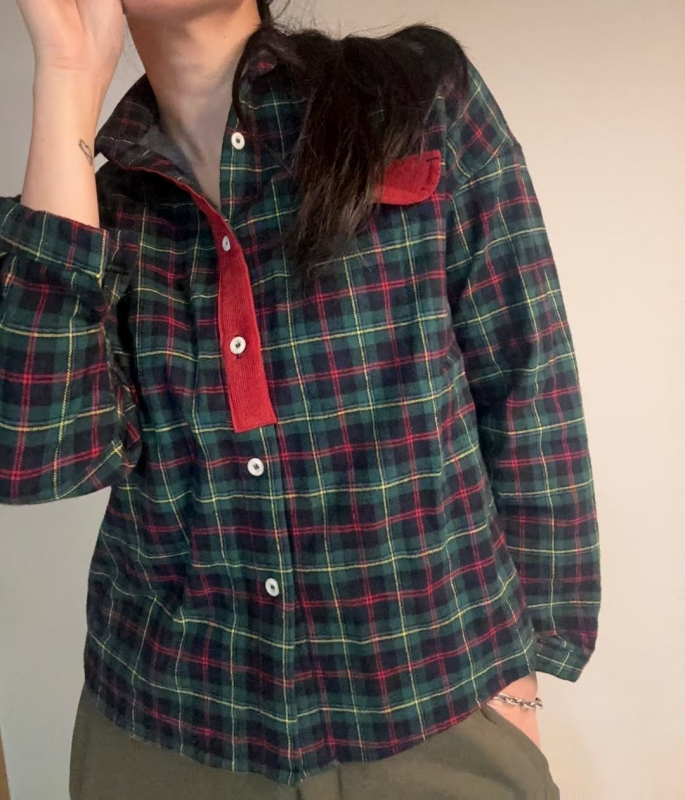 韓 配色口袋格文襯衫 2色