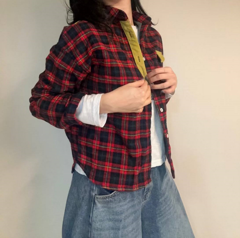 韓 配色口袋格文襯衫 2色