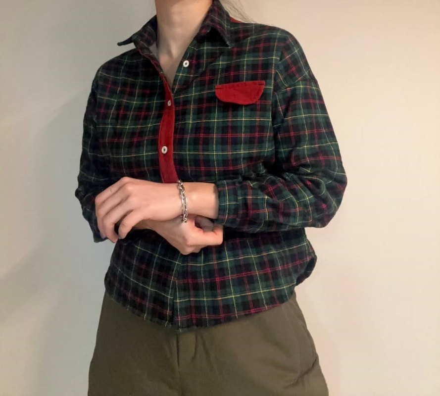 韓 配色口袋格文襯衫 2色