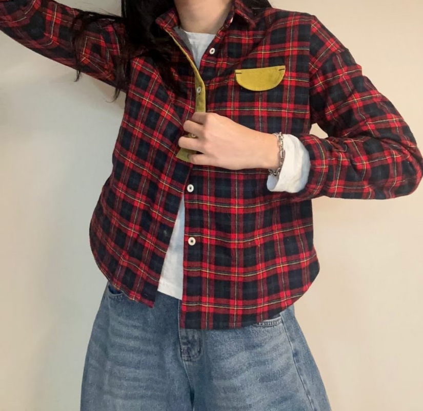 韓 配色口袋格文襯衫 2色