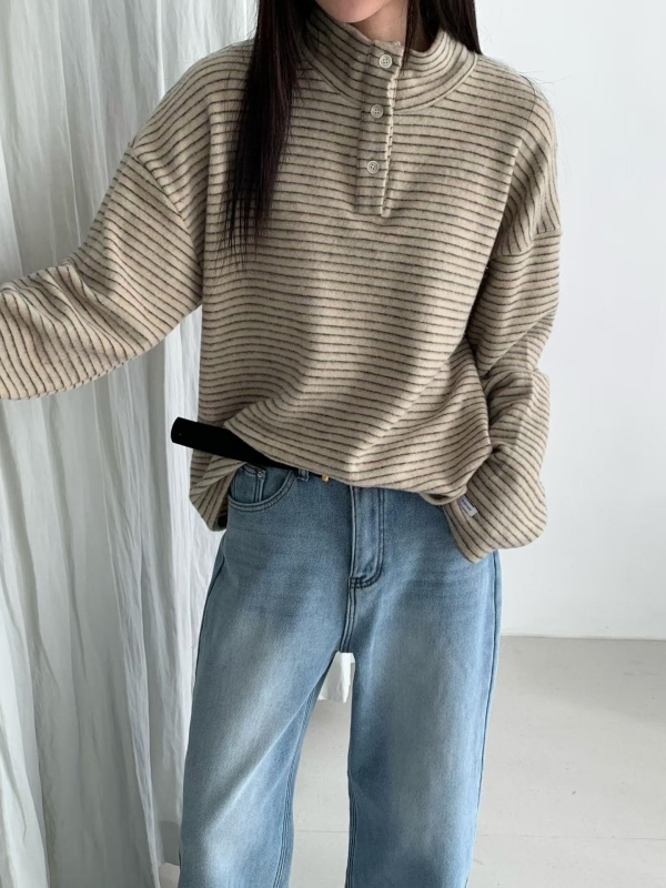 韓 三釦細條文上衣 4色