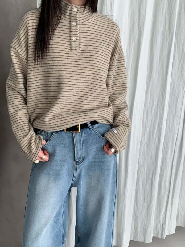 韓 三釦細條文上衣 4色