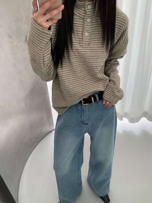 韓 三釦細條文上衣 4色